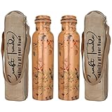 Craft Trade Trinkwasserflasche Kupfer Trinkflasche Rein Blumen Flasche Wasserflasche mit Deckel und Tragetasche 34oz/1000 ml Auslaufsicheres Ayurveda Kupferflasche für Büro und Yoga- 2