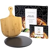 GOURMEO Pizza Stein Set für Backofen und Grill, Rund Ø 33cm inkl. Pizzastein & Pizzaschaufel aus hochwertigem Bambusholz, Brotbackstein-Set aus Cordierit