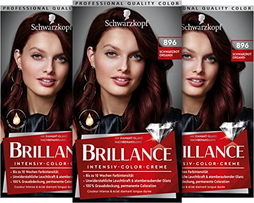 Brillance Intensiv-Color-Creme 896 Schwarzrot Organdi Stufe 3 (3 x 160 ml), dauerhafte Haarfarbe mit Diamant-Glanz-Effekt & Pflege-Conditioner, 10 Wochen Farbintensität