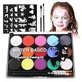 URAQT Kinderschminke Set, 15 Farben Schminkfarben Schminkpalette, Waschbar Face Paint Bodypaint Schminkset, Körperfarbe Kinder mit 2 Pinsel und 32 Tattoos für Halloween Karneval Make-up Fasching