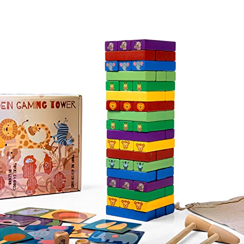 all Kids United® Holz Kinder-Spielzeug Stapelturm ab 3 Jahren; Wackelturm Stapelspiel mit Tier-Motiven; Montessori Lernspielzeug, Turmspiel mit 54 bunten Bauklötzen