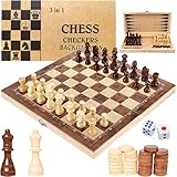 Qintora 3 in 1 Schachspiel Holz, Backgammon und Reiseschach Chess Board, Faltbar Schach Set, Ideal Schachbrett für Kinder und Erwachsene, 29 x 29 cm