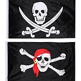 Hestya 2 Stück Jolly Roger Piraten Flagge Schädel Flagge für Piraten Party, Geburtstagsgeschenk, Piraten Tag, Halloween Dekoration, 3 x 5 Fuß