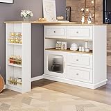 boorbin Ausziehbarer Bartisch mit Stauraum(125-181×39×104.5cm), 360° drehbare Essbar,Moderner Beweglicher Bar Table,Hochtisch Kücheninsel Bistro Table, Sideboardschrank mit Regalen und Glas (Weiß)