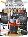 LAEVU Gewürzgläser Set Eckig | 24 Stk. 120ml - 10,7 x 4,5 cm | mit 350 Gewürzetiketten, 48 Streueinsätze, 1 Kreidestift zum Beschriften und noch mehr | 24