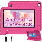 Biegedy Kinder Tablet 7 Zoll, Android 14, 10GB RAM + 64GB ROM/TF 512GB, Octa-Core 1.8GHz | Pädagogisch | Elterliche Kontrolle | 5G WLAN | Dual Kamera | BT 5.0, Mit Holster Rot