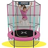 KINETIC SPORTS Kinder Trampolin Jumper 140 cm - Inklusive Gummiseil Federung, Sicherheitsnetz mit Reißverschluss, Rahmenpolster, Schutz Bodennetz - Indoor Kindertrampolin Spielzeug