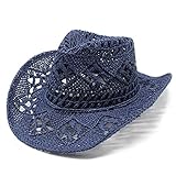 Damen Herren Sommer Western Cowboyhut Formbarer Strohhut ausgehöhlter Sonnenhut Cowboy Damen Sommer (Navy, One Size)