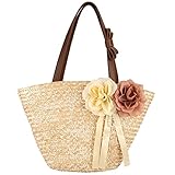 Jeesblsy Korbtasche Sommer Strandtasche Vintage Stroh Handtasche Handgewebt Böhmische Schultertaschen für Frauen Reisen Urlaub