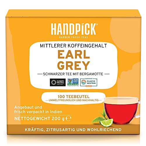 HANDPICK, Earl Grey Schwarzteebeutel (100 Stück) 100% reiner Earl Grey Tee mit Bergamotteextrakten | Zitrusgeschmack | Heißer/Eistee mit oder ohne Milch aufbrühen