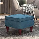 LAPOOH Hocker mit Holzbeinen, Sitzhocker, Fußhocker, Sofahocker, Fuß Hocker, Couch Hocker, Stool, Footstool, Blau Samt