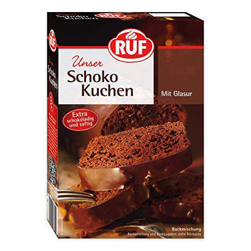 RUF Schokoladen-Kuchen, Backmischung mit einfacher Zubereitung für schokoladigen und saftigen Lieblingskuchen mit Kakao-Glasur, 1 x 475g