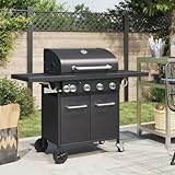 Gasgrill mit 5 Flammen, Holzkohlegrillwagen mit 2 Regale, Doppeltürschließfächer& Rädern, Leicht zu bewegen, 136,5 x 55,5 x 109 cm Schwarz Pulverbeschichteter Stahl