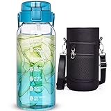 DEARRAY 2 liter Große Trinkflasche Glas mit Strohhalm & Tragetasche für 2l Borosilikatglas Wasserflasche 2000 ml Trinkflasche Sport Motivation mit Zeitmarkierung (Blau)