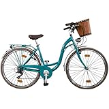 BERLIN BIKE Bella Bike Cityrad 6 Gang Shimano Schaltwerk, Kettenschaltung, 28 Zoll stilvolles Hollandrad, klassisch-Elegantes Vintage Damenfahrrad, mit Korb (Türkis)