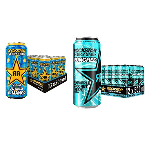 Rockstar Baja Juiced Energy Drink El Mango – Exotisches, koffeinhaltiges Erfrischungsgetränk mit Mango Geschmack, EINWEG (12x 500ml) & Energy Drink Freeze Pineapple & Coconut, EINWEG (12x 500ml)