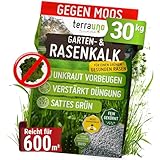 TerraUno Rasenkalk Frühjahr gegen Moos & Unkraut, Moosfreier Rasen in 14 Tagen, verstärkt Rasendüngung, 30 kg für 600 m², Extra feines Gartenkalk, Für den Streuwagen, Tierfreundlich
