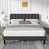 VECELO Polsterbett 140 x 200 cm Doppelbett mit Höhenverstellbarem Kopfteil, Stabiler Bettrahmen mit Lattenrost, Gepolstertes Bettgestell, Kein Boxspring erforderlich, Samt, Ohne Matratze, Grau