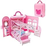 deAO Puppenhaus, Rosa Tragetasche Puppenhaus Klappbar Möbel Familie Spielzeug mit Schlafzimmer Bad, Tragbar Puppenhaus ca. 46 cm hoch mit Tragegriff (Puppe Nicht enthalten)
