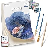 CreaTek Aquarellpapier A4 300g mit 30 Blatt [ Premium Qualität für brillante Aquarelle ] Naturweiß & Kaltgepresst Aquarellblock A4 300g inkl. Gratis Zubehör & Videokurs - Aquarell Papier A4