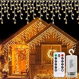 DBFAIRY Eisregen Lichterkette Außen Batterie, 6M 300 LED Lichterkette Weihnachten mit Fernbedienung Timer, Wasserdicht 8 Modi Weihnachtslichterkette für Haus Veranda Hochzeit Dekoration-Warmweiß