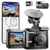 AZDOME Dashcam Auto Vorne Hinten 4K/2,5K GPS WiFi Dash Cam Auto mit 64GB SD Karte, Dual Auto Kamera, Parküberwachung, Super Nachtsicht, WDR, 170° Weitwinkel, G-Sensor, Loop-Aufnahme, GS63H Pro