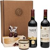 Geschenkset französischer Genuss | 2 x französischer Rotwein (Bordeaux) trocken | Schokoladentrüffel | Wildschweinpastete | 2 x Feigen in Schokolade