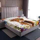 Homewish Hochlandrind Spannbettlaken 90x200,Niedlich Blumen Tiere Spannbetttuch für Kinder Teenager Mädchen Jungen,Gelbe Ästhetische Blumen Holzbrett Dekor Bettlaken Jungenzimmerdeko Laken Mikrofaser