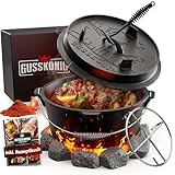 GUSSKÖNIG Dutch Oven Set [6L ] - Eingebrannter Feuertopf mit praktischem Deckelheber und Edelstahl Untersetzer