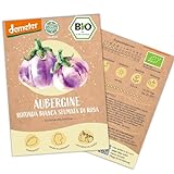 BIO Aubergine Samen, 10 Auberginen Samen, hohe Keimrate, Demeter zertifiziert & samenfest | Gemüse Saatgut von LOVEPLANTS, runde Sorte für Balkon, Garten, Hochbeet – alte Gemüsesorten