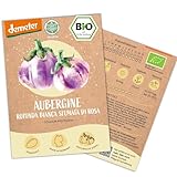 BIO Aubergine Samen, 10 Auberginen Samen, hohe Keimrate, Demeter zertifiziert & samenfest | Gemüse Saatgut von LOVEPLANTS, runde Sorte für Balkon, Garten, Hochbeet – alte Gemüsesorten