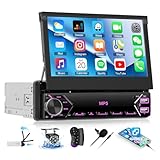 SIXTOP 1 din Autoradio mit 7 Zoll versenkbarem Bildschirm, Single Din Radio Autoradio mit Wired Mirrorlink，Bluetooth Freisprecheinrichtung FM Type-C 2USB AUX EQ MIC SWC+Rückfahrkamera
