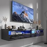 Schwebender TV-Ständer zur Wandmontage mit Steckdose, modernes schwimmendes Entertainment-Center für 203 cm (80 Zoll) Fernseher, Hochglanz-TV-Regal mit LED-Lichtern für Wohnzimmer, Schlafzimmer
