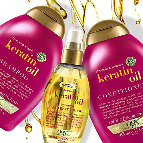 OGX Strength & Length + Keratin Oil Shampoo (385 ml), kräftigendes Anti-Haarbruch-Shampoo mit Keratin Proteinen und Arganöl, Haarpflege Shampoo, sulfatfrei