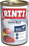 RINTI - Sensible | Nassfutter für Sensible, ausgewachsene Hunde mit natürlichen Fleischstücken. Getreidefreies Alleinfutter in der Dose ohne Zusatzstoffe | 6x400g Ross, Hühnerleber + Kartoffel
