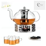 ChaiChic Teekannen 4er-Set mit Sieb, 4 Gläsern und Teeaufwärmer | 1200ml Teekanne aus robustem Borosilikatglas | Feinmaschiges Metall Sieb aus bewährtem Edelstahl | Anti-Tropf-Ausgießer