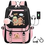 WANWEN Capybara Schulrucksack Teenager, Capybara Rucksäcke Groß, Niedlicher Capybara Rucksack, Teenager Kinderrucksack, Rucksack für Die Schule Kawaii (Pink-a)