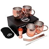 Hey Taani Moscow Mule Becher Set - 4 x 500 ml Kupferbecher Set mit Edelstahl Innenseite - Cocktails, Eiskaffee, Limonade & Gin Kupfer Becher - 4 Strohhalme, 4 Untersetzer, Jigger & Reinigungsbürste