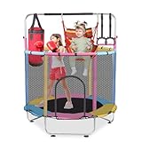 Dnkelar Trampolin Kinder, 140cm Kinder Trampolin Outdoor/Indoor, bis 200KG belastbar, mit Basketballkorb und Gehäuse, Geschenke für Jungen und Mädchen