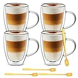 4 Stück Kaffeegläser Doppellagige Gläser Cappuccino Tassen Latte Cups mit Griff und Löffel, 350ml Hot Chocolate Glasbecher für heiße/kalte Getränke Tee Milch Saft Eiscreme