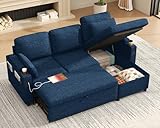 DURASPACE Ecksofa, Sofa mit Schlaffunktion, Schlafsofa mit Bettkasten, Schlafcouch mit Stauraum, USB, Getränkehalter und Seitentaschen, Sofa L Form für Wohnzimmer (Dunkelblau)