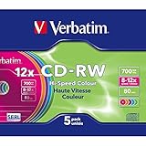 Verbatim CD-RW 700 MB, 5er Pack Slim Case bunt, CD Rohlinge beschreibbar, 52-fache Brenngeschwindigkeit mit langer Lebensdauer, leere CDs, Audio CD Rohling rewritable, CD leer