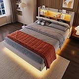 REXO Polsterbett, 140x200cm, ferngesteuerte Ambiente-Lichtleiste unter dem Bett, Flip-Top-Ablage, Kopfteil mit Ablage, USB+Type-c, ohne Matratze, Mit LED-Leuchten (Beige)
