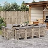 Hommdiy 13-TLG. Garten-Essgruppe mit Kissen Beigemischung Poly Rattan Glas