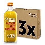 Kloster Kitchen Bio Ingwer Shot Kurkuma 12SHOTS 3x 360 ml mit echten Ingwerstückchen, Ingwer Shots mit Kurkuma in Glasflasche, vegan ohne Zusatzstoffe & mit natürlicher Süße (inkl. 0,75€ EINWEG Pfand)