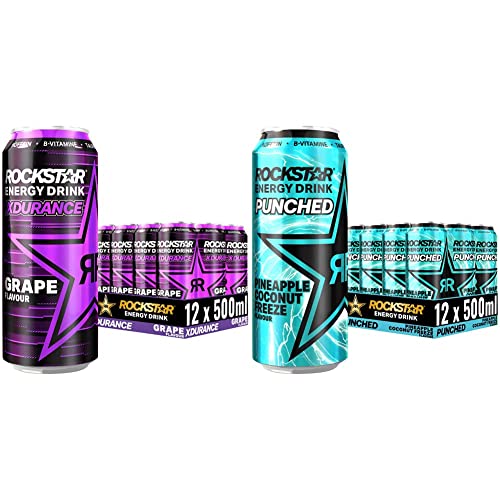 Rockstar Energy Drink XDurance Grape - Koffeinhaltiges Erfrischungsgetränk, EINWEG (12x 500ml) & Energy Drink Freeze Pineapple & Coconut - Koffeinhaltiges Erfrischungsgetränk, EINWEG (12x 500ml)