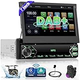 Ohradio DAB/DAB+ Autoradio 1 DIN mit Ausfahrbarem 7-Zoll-Bildschirm, Unterstützt Wireless Carplay & Android Auto, FM-Radio, Bluetooth, SWC, 2USB und Typ-C, Rückfahrkamera + MIC