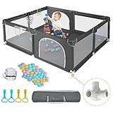 COMOMY Laufstall Baby, 150x180x66cm Laufgitter Baby Große xxl Sicherheitsspielplatz Schutzgitter für Kinder mit Weichem Netz, Rutschfestem Oxford Bottom, Bällen, Mini-Körbchen und 4 Zugringen