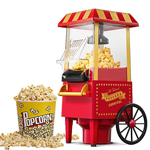 Popcornmaschine Heissluft - HOUSNAT Retro Popcorn Maker -Fettfreies Ölfreies & Gesunder Maïs Snack - 1200W Popcorn Maschine für Zuhause - Filmabend & Weihnachten - Rot
