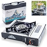 TOM Edelstahl Campingkocher - Gaskocher mit robustem Koffer und Gaskochfeld (1 - flammig) – Piezo-Zündung – 2200 Watt – Outdoor Campingkocher, Gaskocher für Gaskartuschen - MSF-1A Ventil – Kochplatte